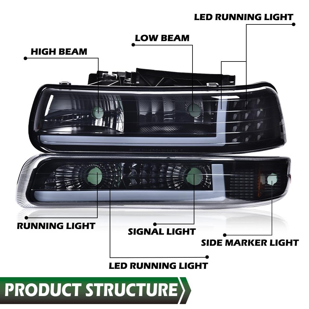 GRAND ORANGE Headlight Assembly Compatible with 1999-2002 Chevy Silverado 1500 2500/Fit for 00-06 Suburban 1500 2500 Tahoe Headlight Lights Driver & Passenger Side Smoky lens Black Housing - Image 3