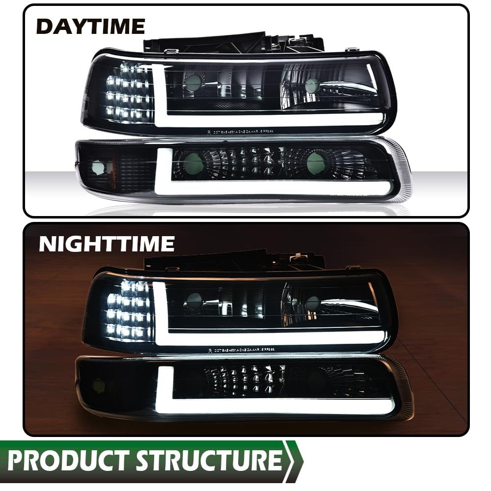 GRAND ORANGE Headlight Assembly Compatible with 1999-2002 Chevy Silverado 1500 2500/Fit for 00-06 Suburban 1500 2500 Tahoe Headlight Lights Driver & Passenger Side Smoky lens Black Housing - Image 8