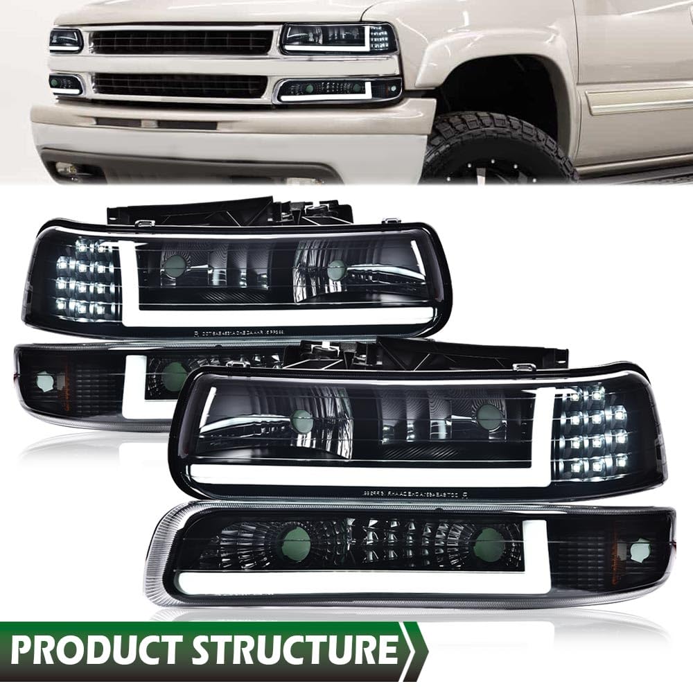 GRAND ORANGE Headlight Assembly Compatible with 1999-2002 Chevy Silverado 1500 2500/Fit for 00-06 Suburban 1500 2500 Tahoe Headlight Lights Driver & Passenger Side Smoky lens Black Housing - Image 9