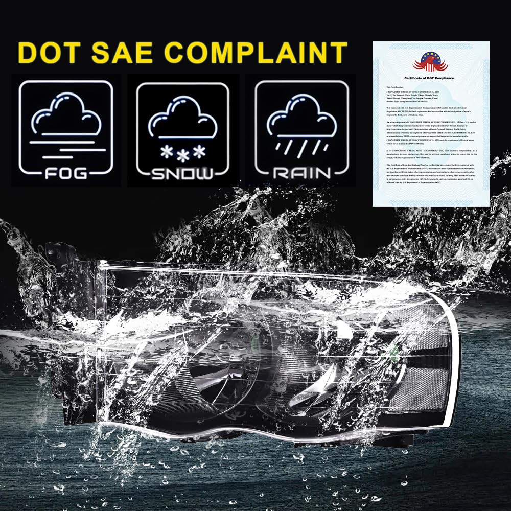 GRAND ORANGE Headlight Assembly Compatible with 2002-2005 Dodge Ram 1500/2003-2005 Dodge Ram 2500 3500 Clear Lens/Amber Corner Black Housing 55077121AF 55077120AF 55077121AG 55077120AG - Image 3