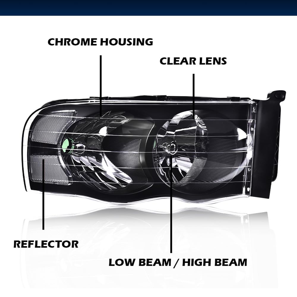 GRAND ORANGE Headlight Assembly Compatible with 2002-2005 Dodge Ram 1500/2003-2005 Dodge Ram 2500 3500 Clear Lens/Amber Corner Black Housing 55077121AF 55077120AF 55077121AG 55077120AG - Image 5
