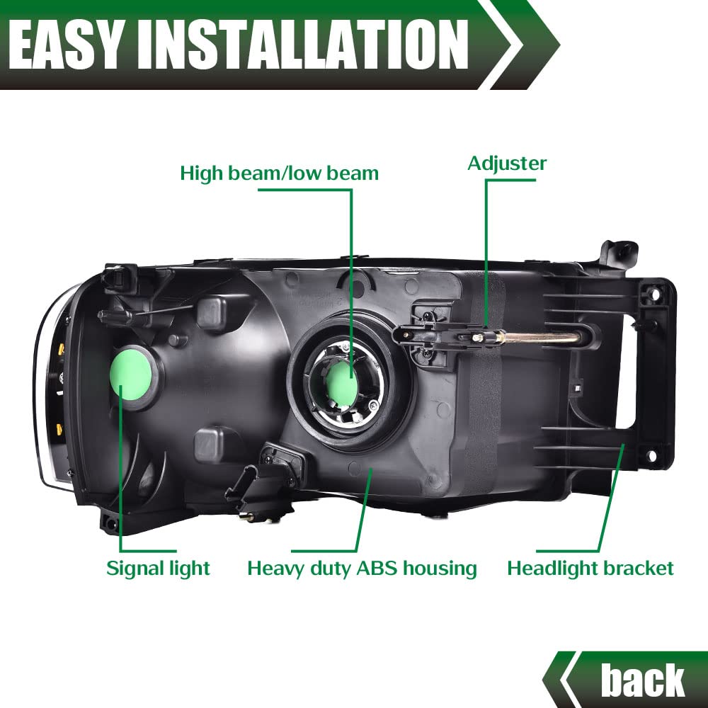 GRAND ORANGE Headlight Assembly Compatible with 2002-2005 Dodge Ram 1500/2003-2005 Dodge Ram 2500 3500 Clear Lens/Amber Corner Black Housing 55077121AF 55077120AF 55077121AG 55077120AG - Image 6