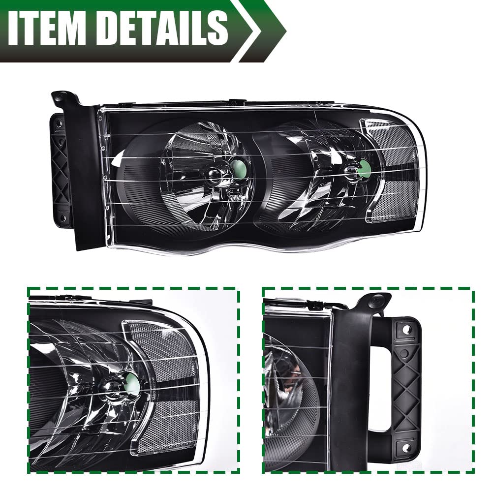 GRAND ORANGE Headlight Assembly Compatible with 2002-2005 Dodge Ram 1500/2003-2005 Dodge Ram 2500 3500 Clear Lens/Amber Corner Black Housing 55077121AF 55077120AF 55077121AG 55077120AG - Image 8