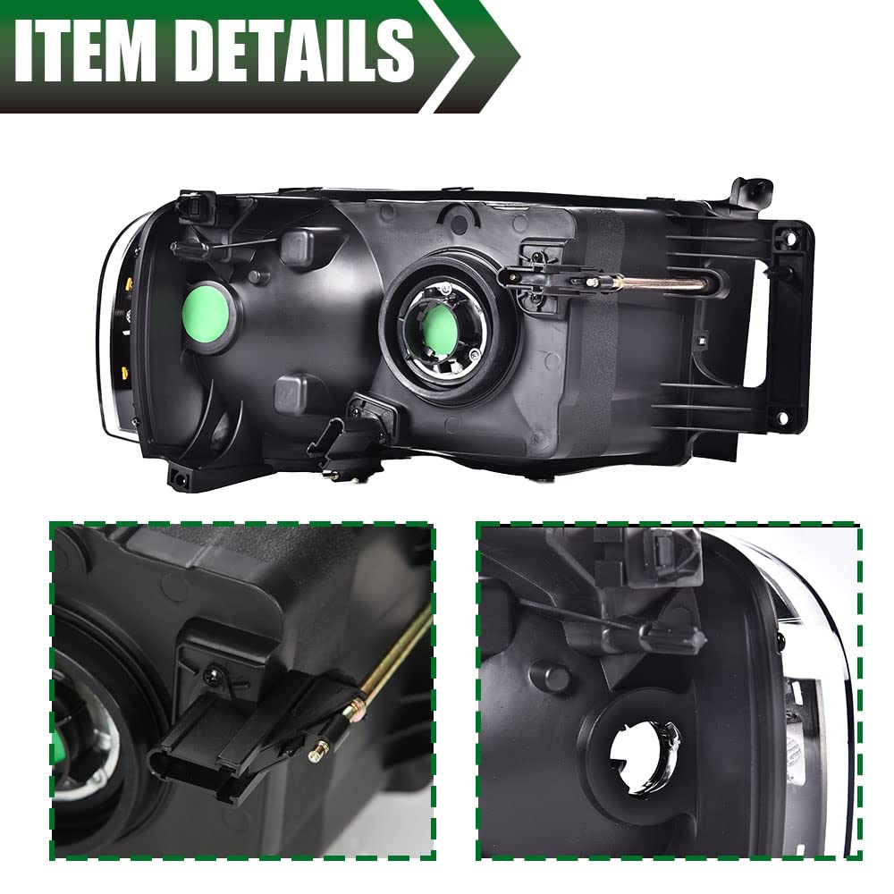 GRAND ORANGE Headlight Assembly Compatible with 2002-2005 Dodge Ram 1500/2003-2005 Dodge Ram 2500 3500 Clear Lens/Amber Corner Black Housing 55077121AF 55077120AF 55077121AG 55077120AG - Image 9