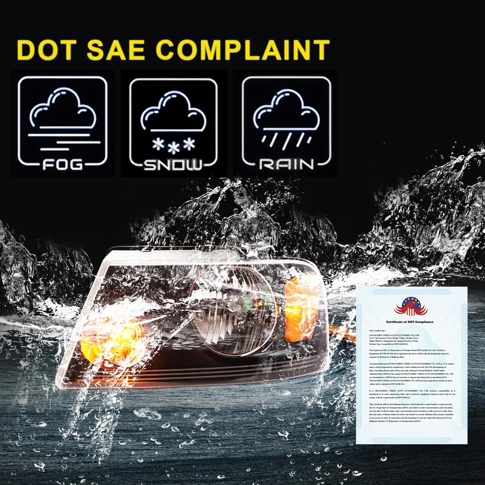 GRAND ORANGE Headlight Assembly Compatible with Ford F150 2004 2005 2006 2007 2008/ Fit Lincoln Mark LT 2006-2008 Driver & Passenger Side Headlamp Clear lens Black Houing Amber Reflector - Image 3