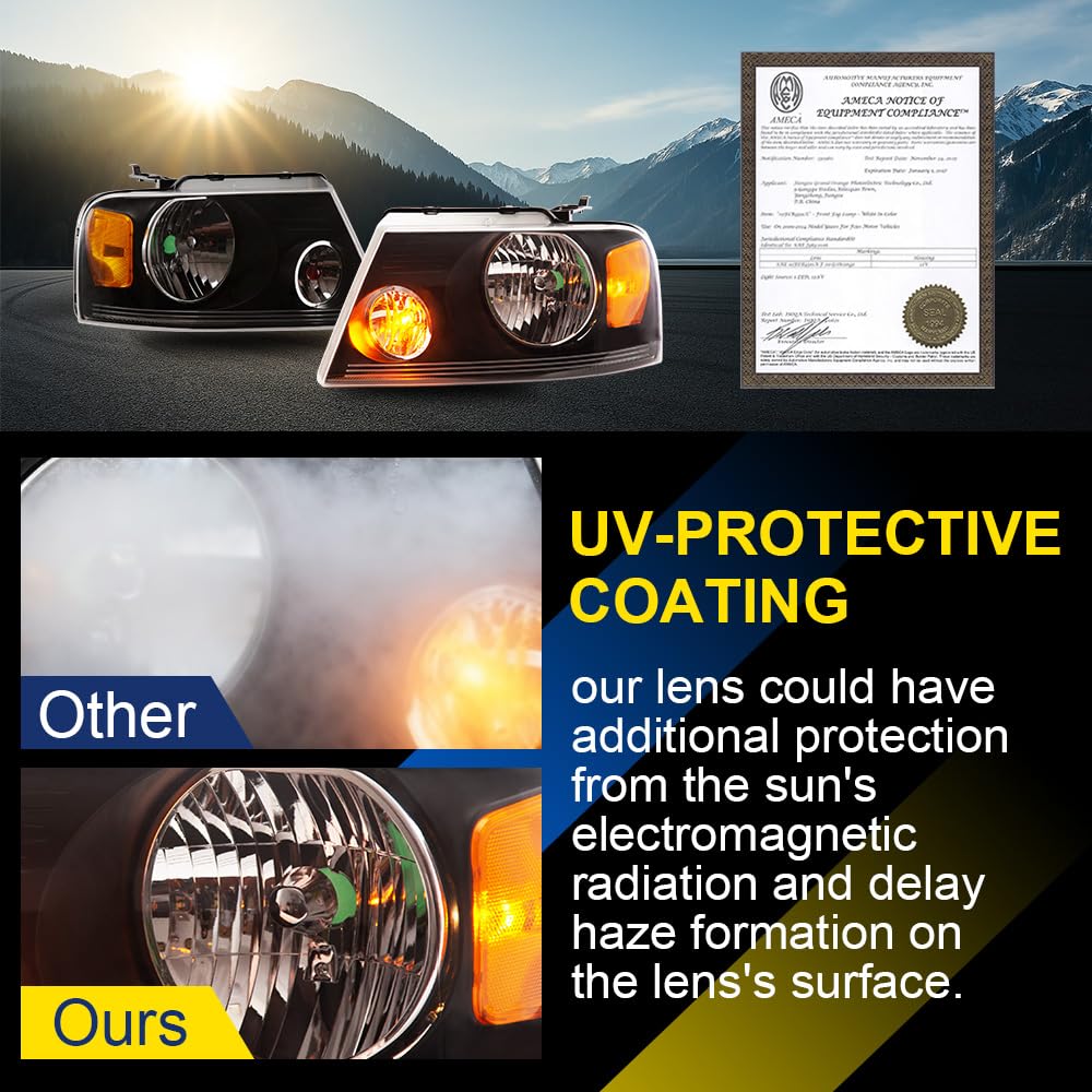 GRAND ORANGE Headlight Assembly Compatible with Ford F150 2004 2005 2006 2007 2008/ Fit Lincoln Mark LT 2006-2008 Driver & Passenger Side Headlamp Clear lens Black Houing Amber Reflector - Image 4