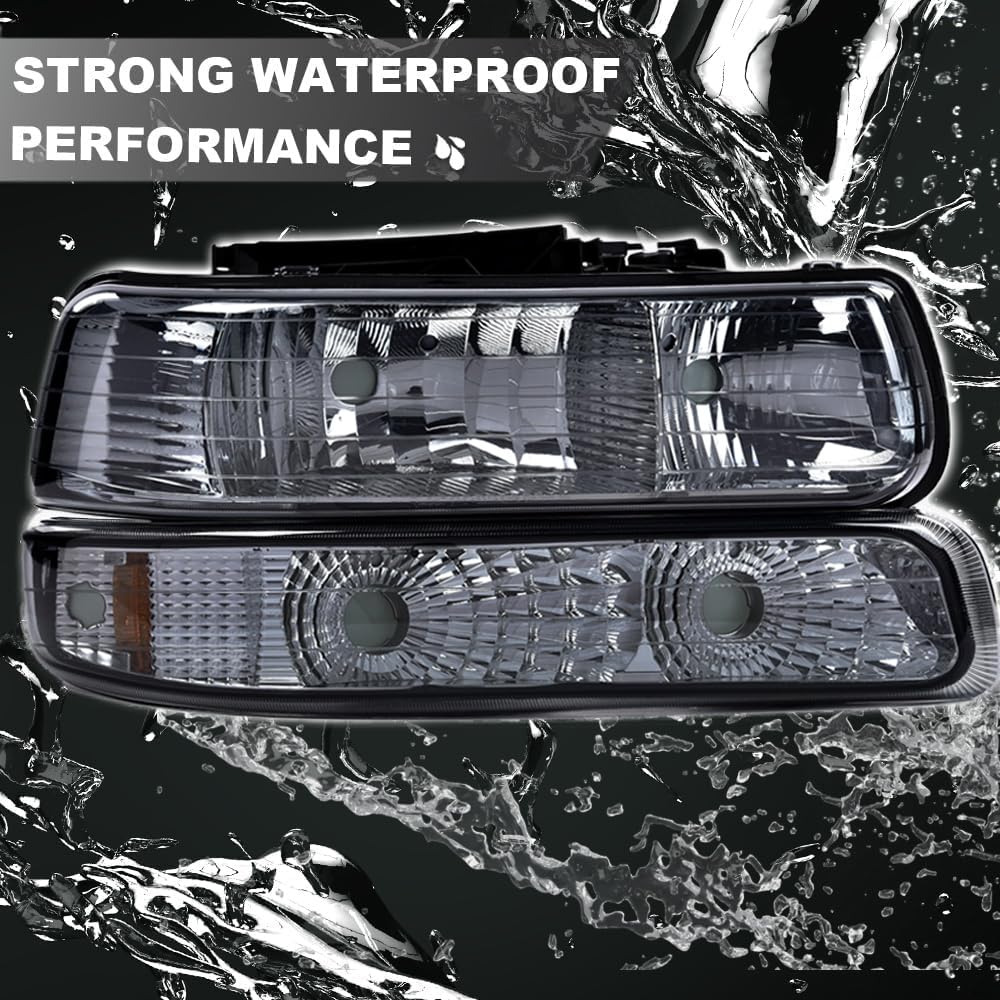 GRAND ORANGE Headlight Assembly Head Lamp Compatible with Chevy Silverado 99-02 / Fit 00-06 Suburban Tahoe 4pcs Smoked lens Chrome Housing Amber Corner - Image 3