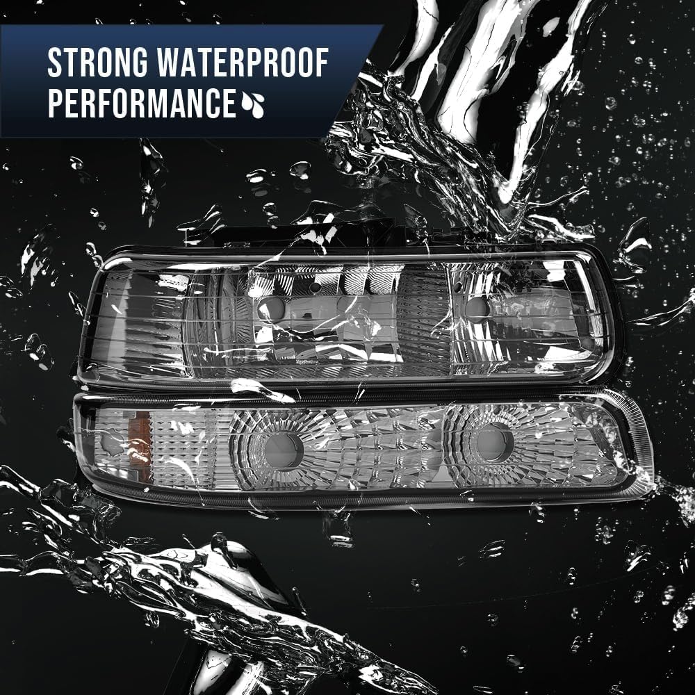 GRAND ORANGE Headlight Assembly Head Lamp Compatible with Chevy Silverado 99-02 / Fit 00-06 Suburban Tahoe 4pcs Smoked lens Chrome Housing Amber Corner - Image 4