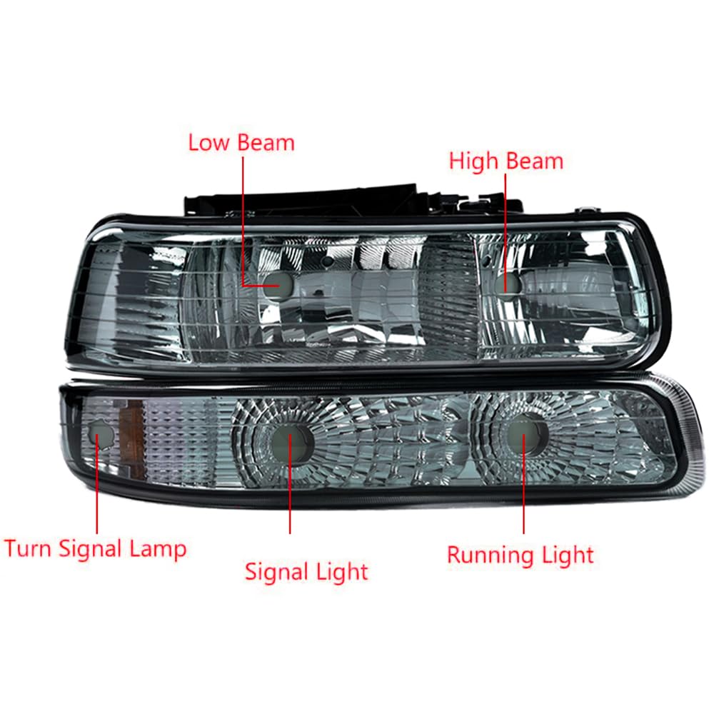 GRAND ORANGE Headlight Assembly Head Lamp Compatible with Chevy Silverado 99-02 / Fit 00-06 Suburban Tahoe 4pcs Smoked lens Chrome Housing Amber Corner - Image 6