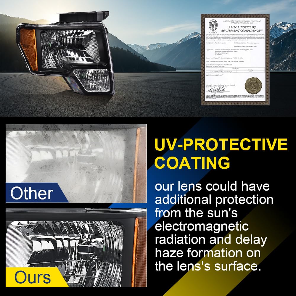 GRAND ORANGE Headlights Assembly Compatible with 2009-2014 Ford F150 Headlamps Driver & Passenger Side Clear Lens Black Housing Amber Reflector DL3Z13008AFO2502289 - Image 4