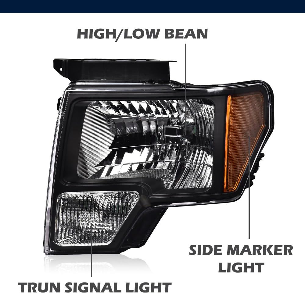GRAND ORANGE Headlights Assembly Compatible with 2009-2014 Ford F150 Headlamps Driver & Passenger Side Clear Lens Black Housing Amber Reflector DL3Z13008AFO2502289 - Image 6