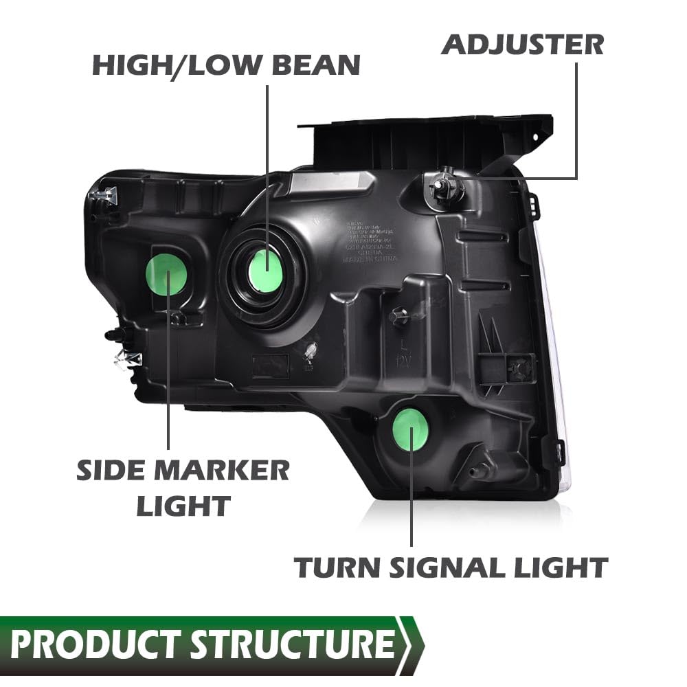 GRAND ORANGE Headlights Assembly Compatible with 2009-2014 Ford F150 Headlamps Driver & Passenger Side Clear Lens Black Housing Amber Reflector DL3Z13008AFO2502289 - Image 7