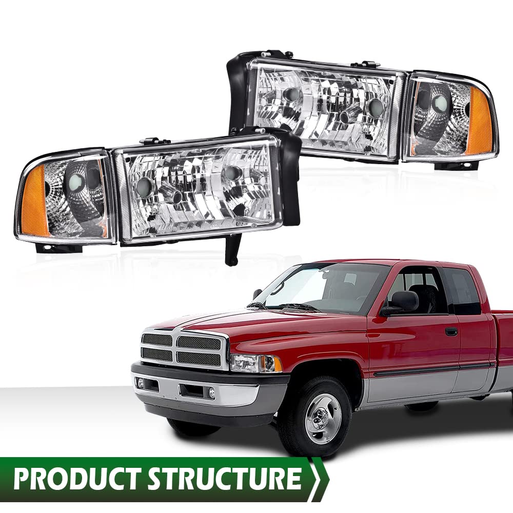 GRAND ORANGE Headlights Assembly, Compatible with Dodge Ram 1500 2500 3500 1994 1995 1996 1997 1998 1999 2000 2001 2002 Black Housing Clear Corner Lamps（Clear lens Chrome Housing Amber Reflector） - Image 3