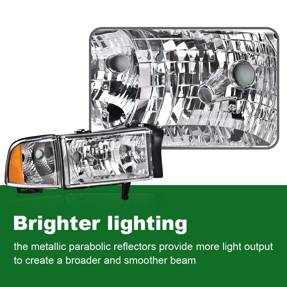 GRAND ORANGE Headlights Assembly, Compatible with Dodge Ram 1500 2500 3500 1994 1995 1996 1997 1998 1999 2000 2001 2002 Black Housing Clear Corner Lamps（Clear lens Chrome Housing Amber Reflector） - Image 5