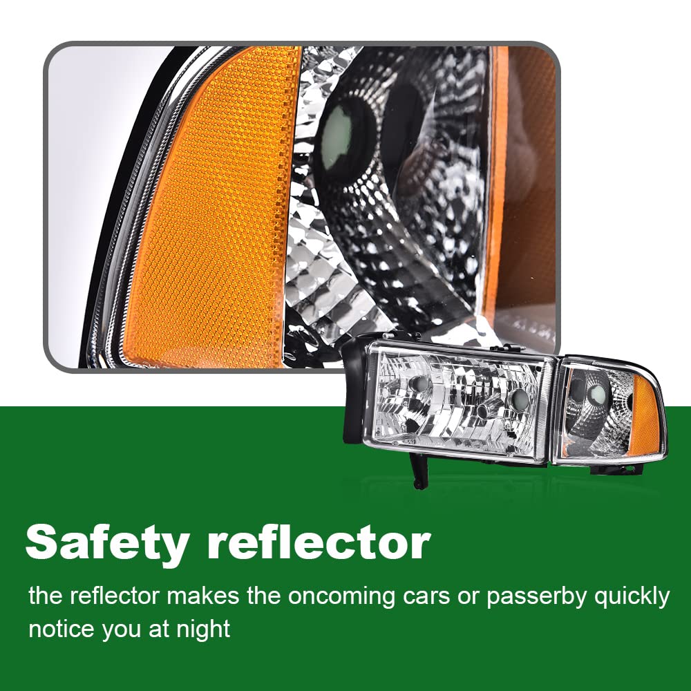 GRAND ORANGE Headlights Assembly, Compatible with Dodge Ram 1500 2500 3500 1994 1995 1996 1997 1998 1999 2000 2001 2002 Black Housing Clear Corner Lamps（Clear lens Chrome Housing Amber Reflector） - Image 6