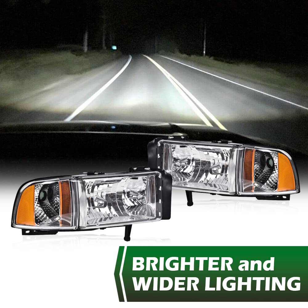 GRAND ORANGE Headlights Assembly, Compatible with Dodge Ram 1500 2500 3500 1994 1995 1996 1997 1998 1999 2000 2001 2002 Black Housing Clear Corner Lamps（Clear lens Chrome Housing Amber Reflector） - Image 8