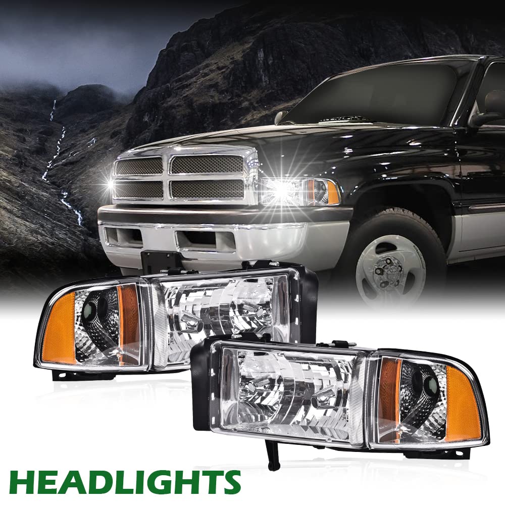 GRAND ORANGE Headlights Assembly, Compatible with Dodge Ram 1500 2500 3500 1994 1995 1996 1997 1998 1999 2000 2001 2002 Black Housing Clear Corner Lamps（Clear lens Chrome Housing Amber Reflector） - Image 9