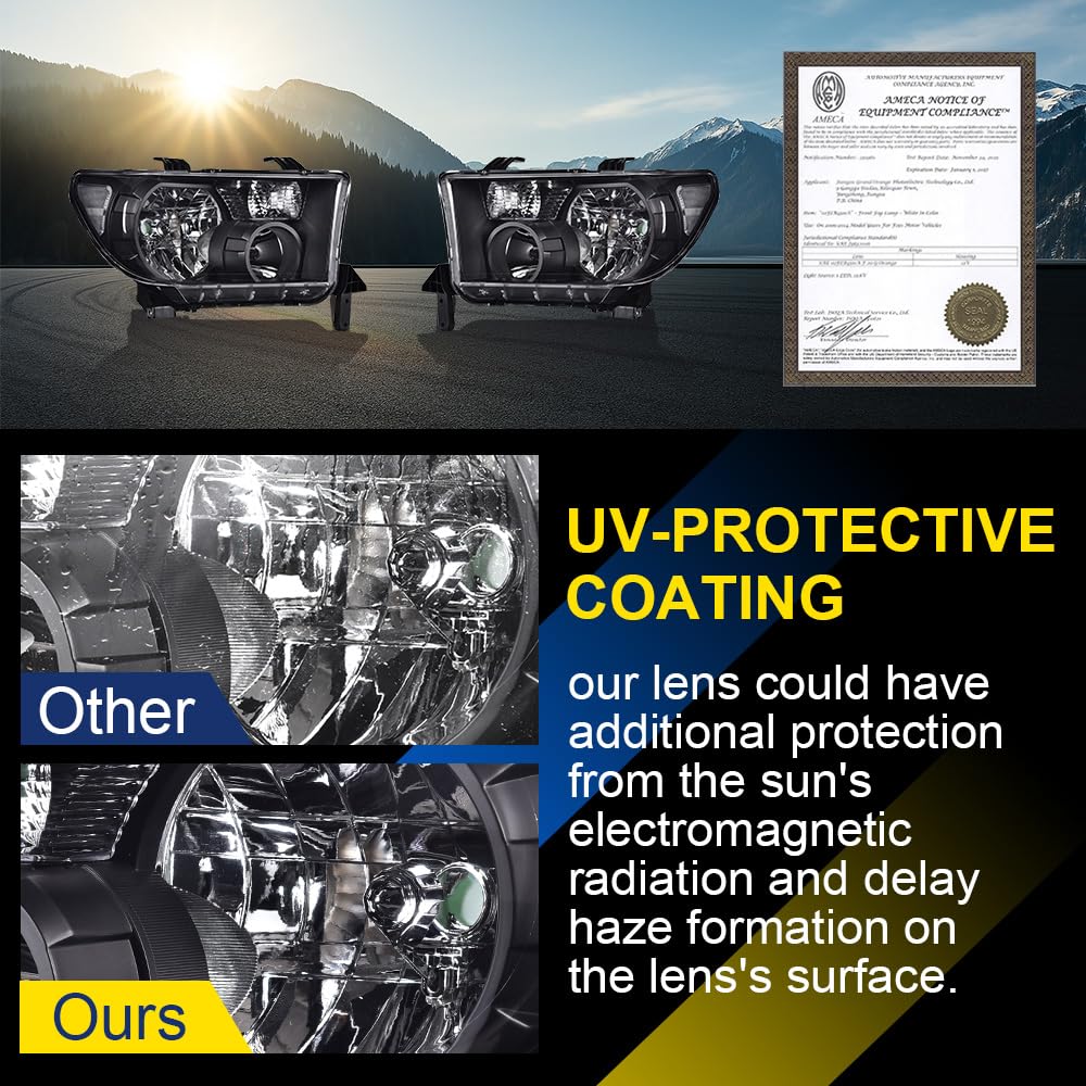 GRAND ORANGE Headlights Assembly Compatible with Toyota Tundra 2007-2013, Fit Toyota Sequoia 2008-2017 Left & Right Headlamps, Clear Lens Black Houing Clear Reflector, 811100C051 - Image 3