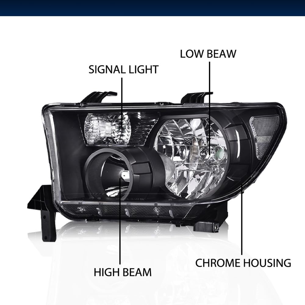GRAND ORANGE Headlights Assembly Compatible with Toyota Tundra 2007-2013, Fit Toyota Sequoia 2008-2017 Left & Right Headlamps, Clear Lens Black Houing Clear Reflector, 811100C051 - Image 5