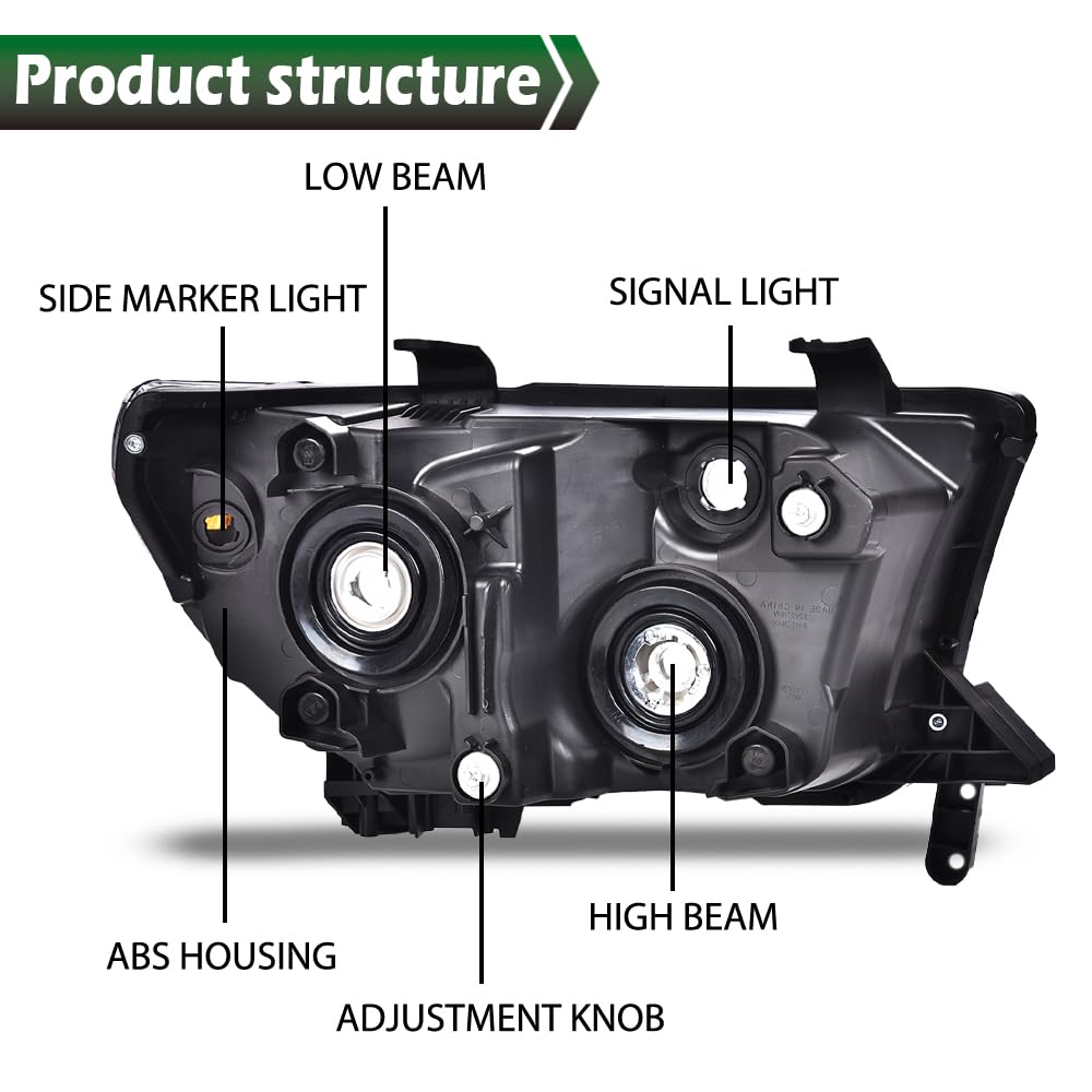 GRAND ORANGE Headlights Assembly Compatible with Toyota Tundra 2007-2013, Fit Toyota Sequoia 2008-2017 Left & Right Headlamps, Clear Lens Black Houing Clear Reflector, 811100C051 - Image 6