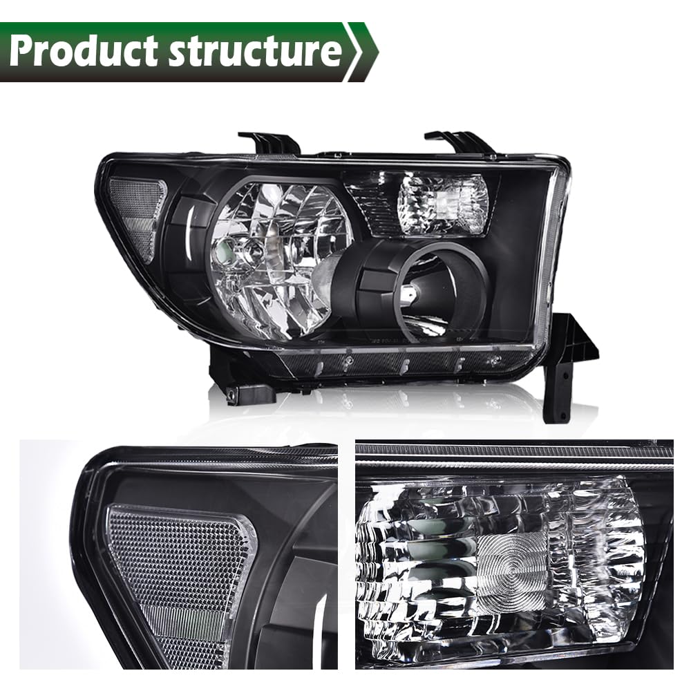 GRAND ORANGE Headlights Assembly Compatible with Toyota Tundra 2007-2013, Fit Toyota Sequoia 2008-2017 Left & Right Headlamps, Clear Lens Black Houing Clear Reflector, 811100C051 - Image 8