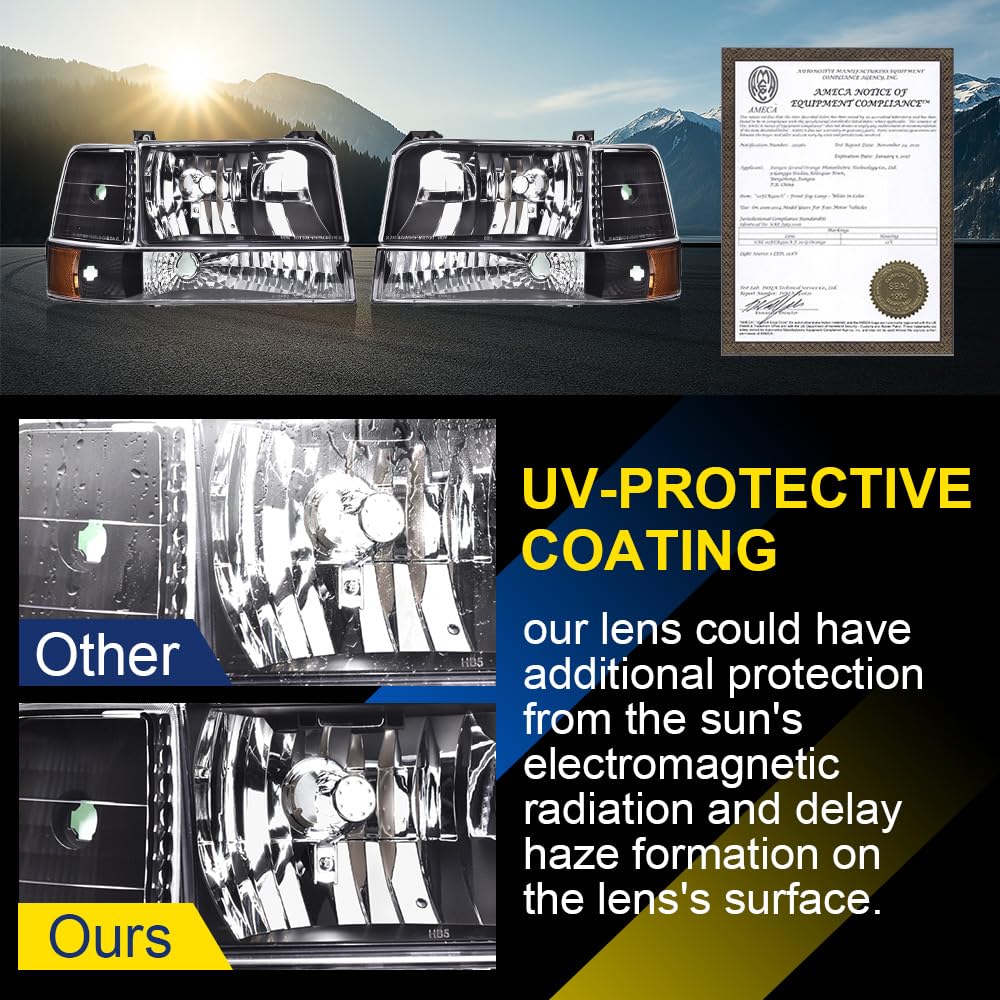 GRAND ORANGE Headlights Assembly w/Corner Signal Lamp & Bumper Lamps Compatible with 1992-1996 Ford F150 Bronco/Fit 1992-1997 Ford F250 F350 Black Housing Amber Reflector - Image 3