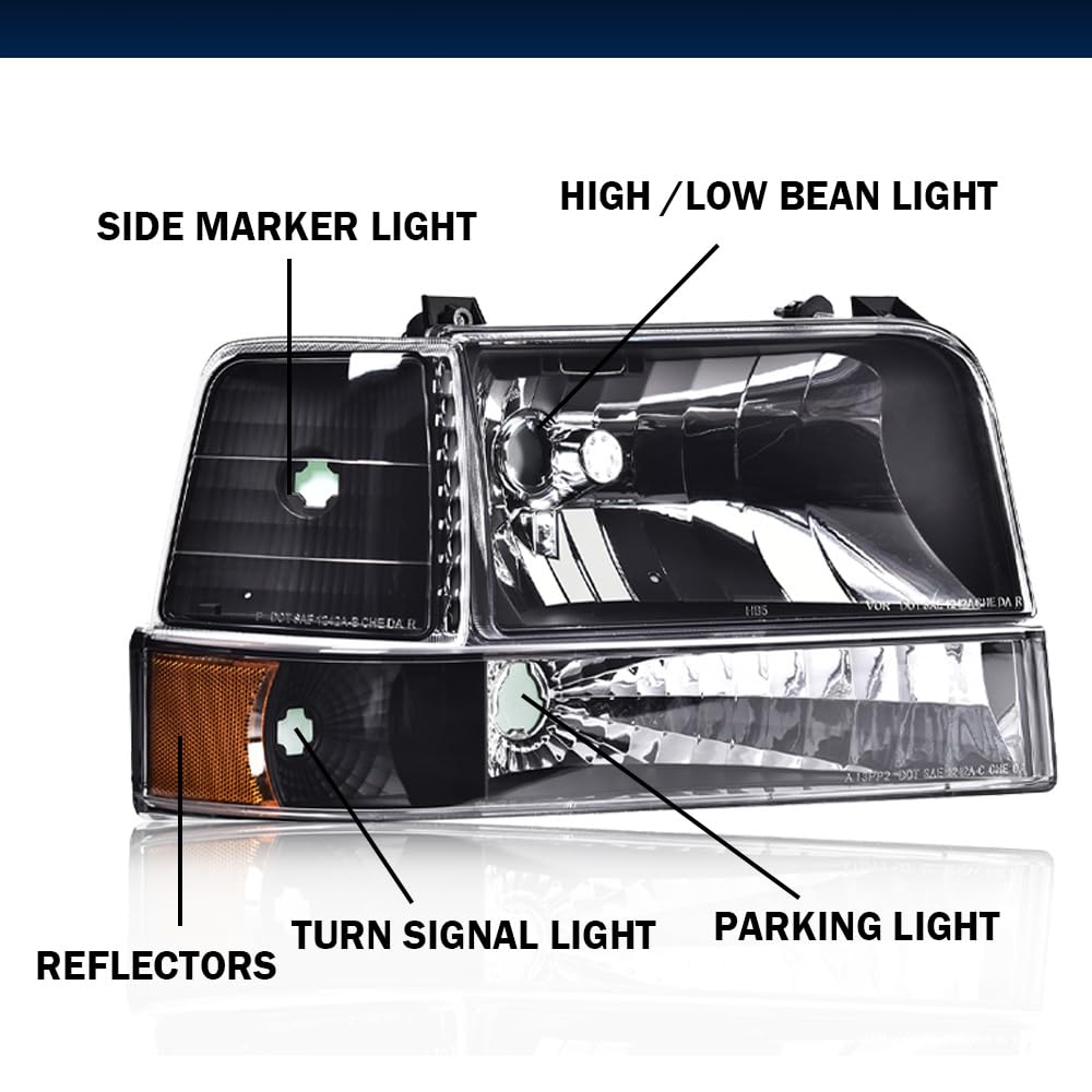 GRAND ORANGE Headlights Assembly w/Corner Signal Lamp & Bumper Lamps Compatible with 1992-1996 Ford F150 Bronco/Fit 1992-1997 Ford F250 F350 Black Housing Amber Reflector - Image 5