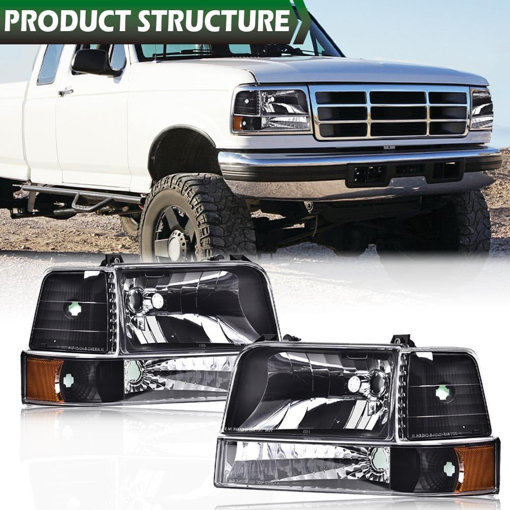 GRAND ORANGE Headlights Assembly w/Corner Signal Lamp & Bumper Lamps Compatible with 1992-1996 Ford F150 Bronco/Fit 1992-1997 Ford F250 F350 Black Housing Amber Reflector - Image 6