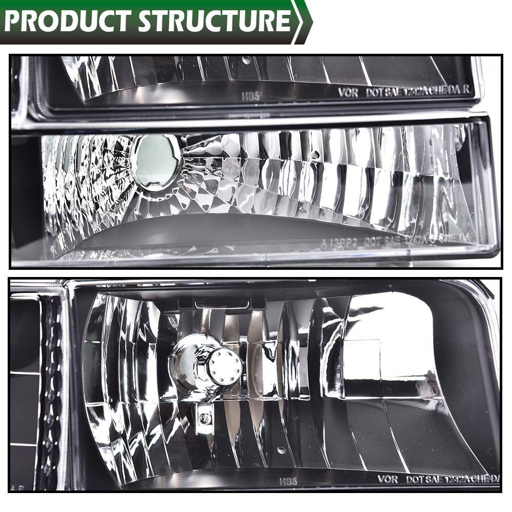 GRAND ORANGE Headlights Assembly w/Corner Signal Lamp & Bumper Lamps Compatible with 1992-1996 Ford F150 Bronco/Fit 1992-1997 Ford F250 F350 Black Housing Amber Reflector - Image 7