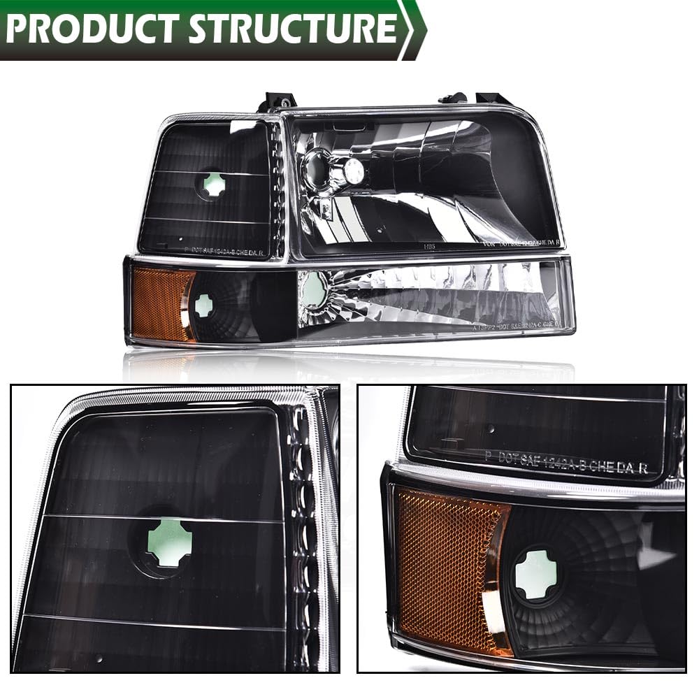 GRAND ORANGE Headlights Assembly w/Corner Signal Lamp & Bumper Lamps Compatible with 1992-1996 Ford F150 Bronco/Fit 1992-1997 Ford F250 F350 Black Housing Amber Reflector - Image 8