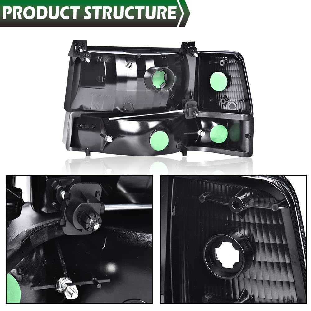 GRAND ORANGE Headlights Assembly w/Corner Signal Lamp & Bumper Lamps Compatible with 1992-1996 Ford F150 Bronco/Fit 1992-1997 Ford F250 F350 Black Housing Amber Reflector - Image 9