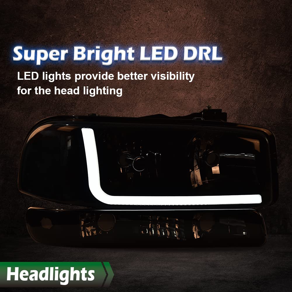 GRAND ORANGE Led Drl Headlights Assembly, Compatible with 1999-2007 Gmc Sierra 1500/ Fit 1999-2006 GMC Yukon XL 1500 2500 Black Clear W/Bumper Signal Lamps（Smoky lens Black Housing Clear Reflector） - Image 3