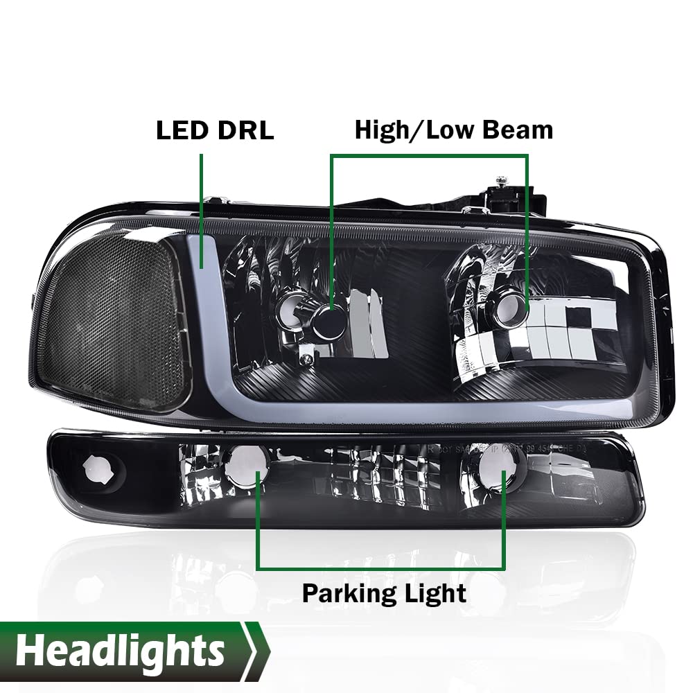 GRAND ORANGE Led Drl Headlights Assembly, Compatible with 1999-2007 Gmc Sierra 1500/ Fit 1999-2006 GMC Yukon XL 1500 2500 Black Clear W/Bumper Signal Lamps（Smoky lens Black Housing Clear Reflector） - Image 4