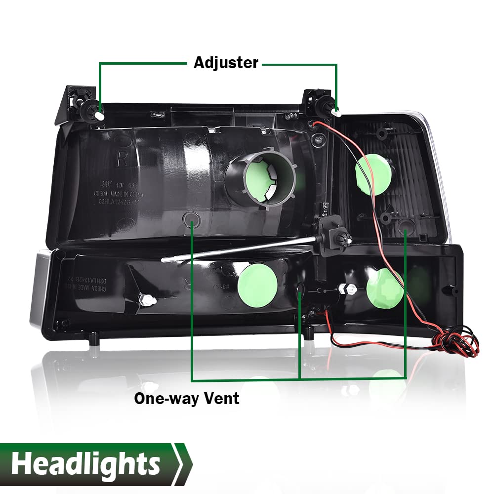 GRAND ORANGE LED DRL Headlights Assembly, Compatible with 1992-1996 Ford Bronco F150/ 92-97 F250 F350 Super Duty w/Corner Signal 6pc Clear lens Black Housing Clear Reflector - Image 3