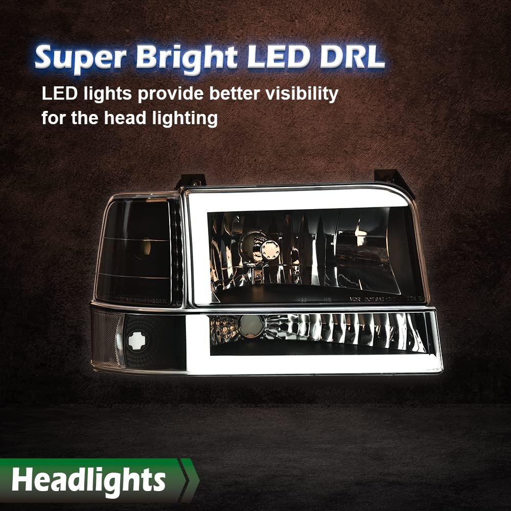 GRAND ORANGE LED DRL Headlights Assembly, Compatible with 1992-1996 Ford Bronco F150/ 92-97 F250 F350 Super Duty w/Corner Signal 6pc Clear lens Black Housing Clear Reflector - Image 4