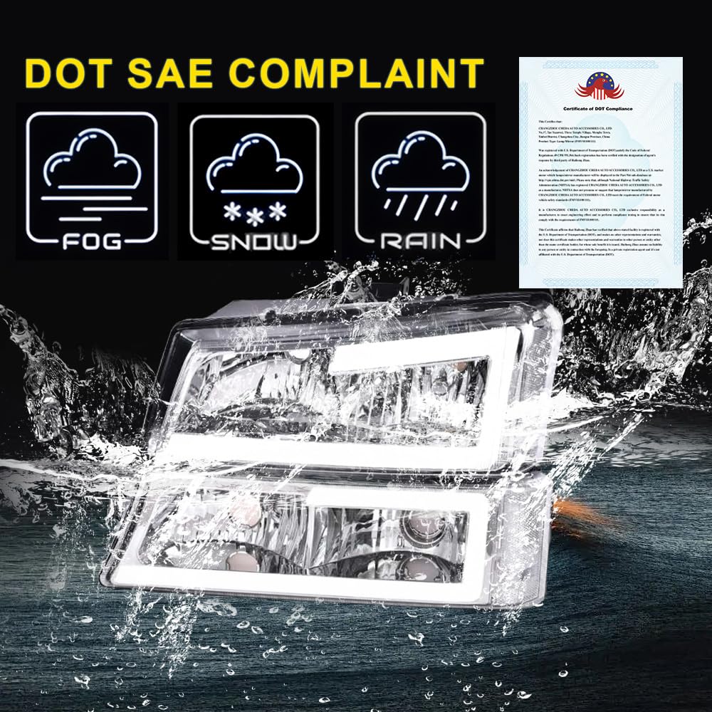 GRAND ORANGE LED DRL Headlights Assembly Compatible with 2003-2007 Silverado/Avalanche (Fit Models without Factory Cladding ONLY) Chrome Housing Lamp - Image 3