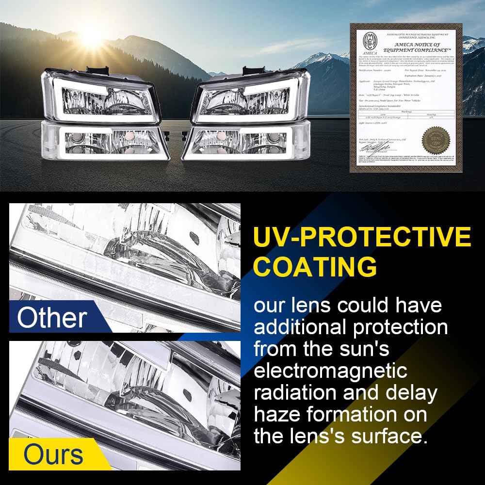 GRAND ORANGE LED DRL Headlights Assembly Compatible with 2003-2007 Silverado/Avalanche (Fit Models without Factory Cladding ONLY) Chrome Housing Lamp - Image 4