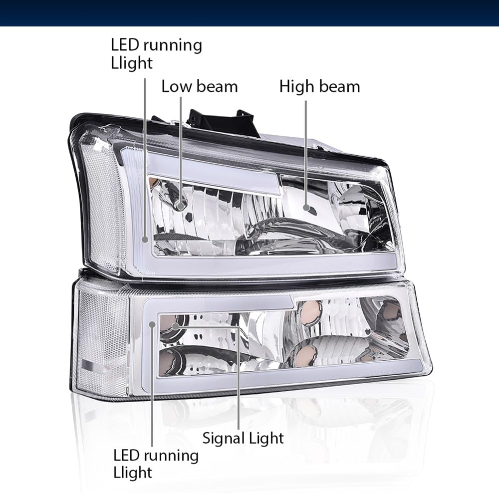 GRAND ORANGE LED DRL Headlights Assembly Compatible with 2003-2007 Silverado/Avalanche (Fit Models without Factory Cladding ONLY) Chrome Housing Lamp - Image 7