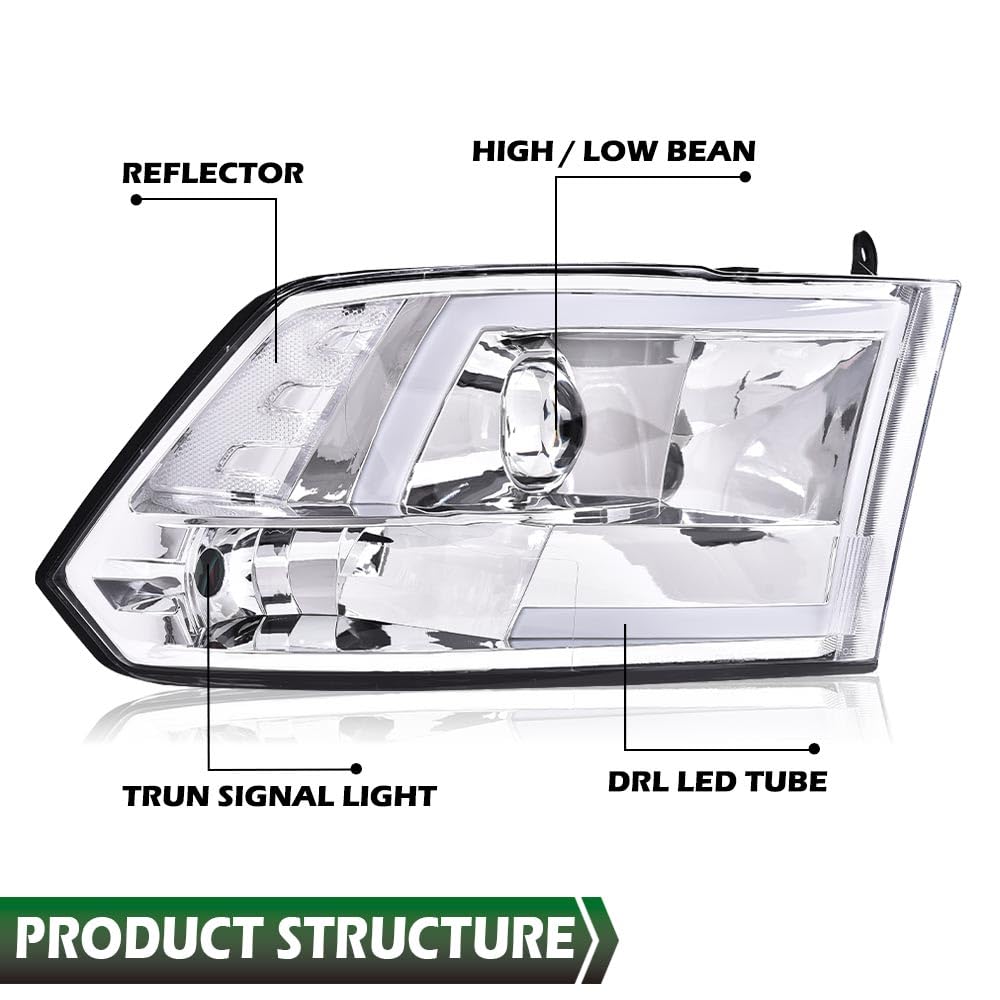 GRAND ORANGE LED DRL Headlights Assembly, Compatible with 2009-2012 Dodge Ram 1500 2500 3500 Head Lamps Clear lens Chrome Housing Clear Reflector - Image 6