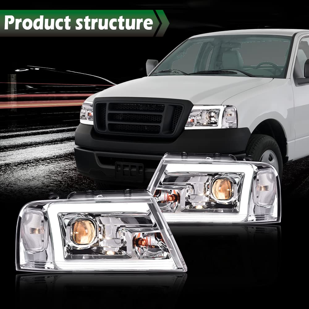 GRAND ORANGE LED DRL Headlights Assembly Compatible with Ford F150 2004 2005 2006 2007 2008 /Fit 06-08 Lincoln Mark Headlamp, Halogen Clear Chrome - Image 3