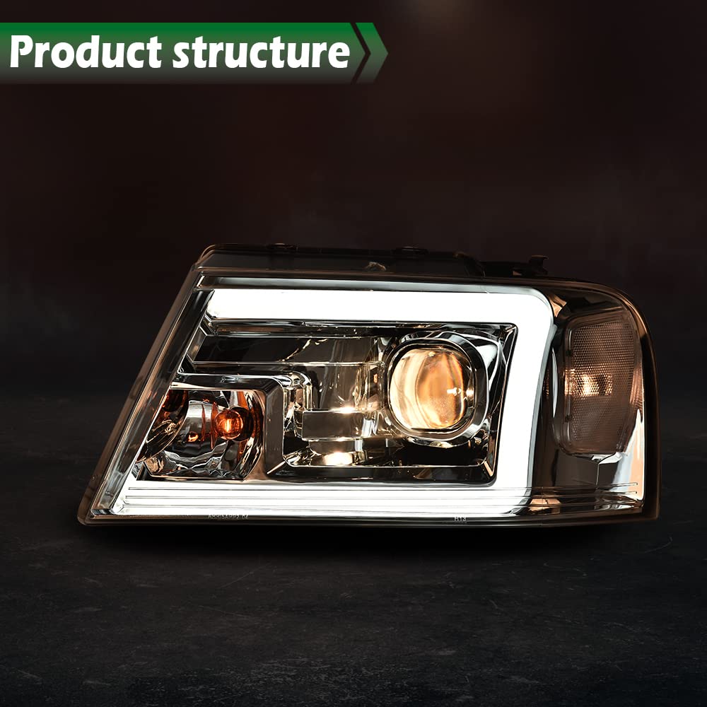 GRAND ORANGE LED DRL Headlights Assembly Compatible with Ford F150 2004 2005 2006 2007 2008 /Fit 06-08 Lincoln Mark Headlamp, Halogen Clear Chrome - Image 4