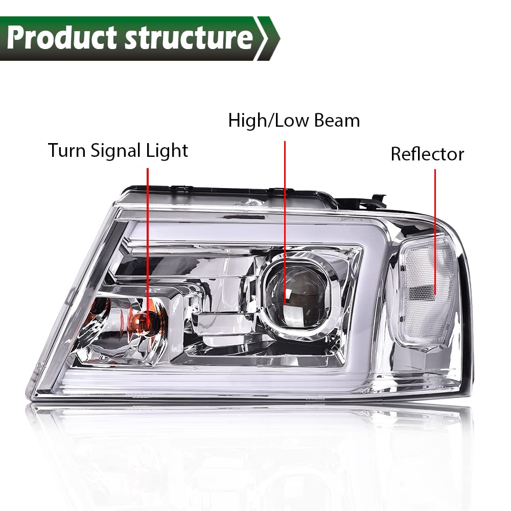 GRAND ORANGE LED DRL Headlights Assembly Compatible with Ford F150 2004 2005 2006 2007 2008 /Fit 06-08 Lincoln Mark Headlamp, Halogen Clear Chrome - Image 5