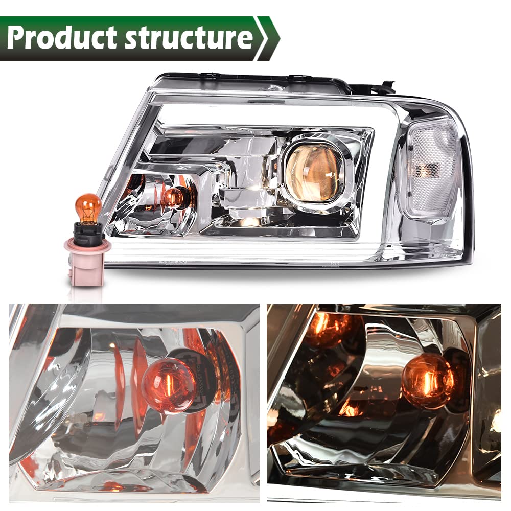 GRAND ORANGE LED DRL Headlights Assembly Compatible with Ford F150 2004 2005 2006 2007 2008 /Fit 06-08 Lincoln Mark Headlamp, Halogen Clear Chrome - Image 7