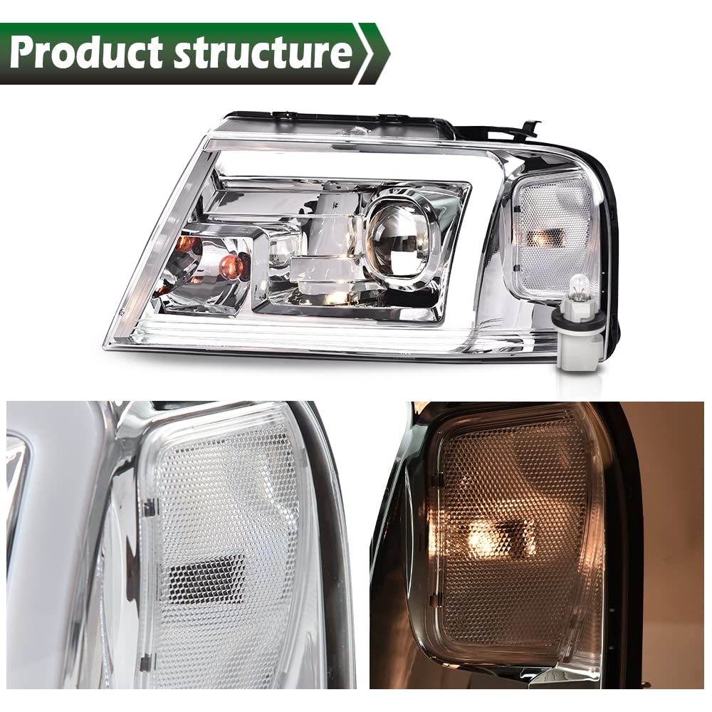 GRAND ORANGE LED DRL Headlights Assembly Compatible with Ford F150 2004 2005 2006 2007 2008 /Fit 06-08 Lincoln Mark Headlamp, Halogen Clear Chrome - Image 8