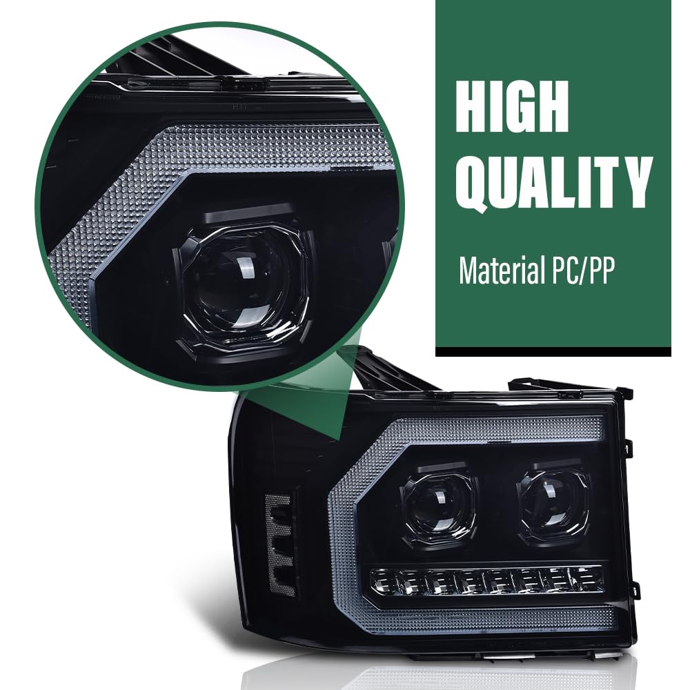 GRAND ORANGE LED DRL Headlights Assembly Compatible with GMC Sierra 1500 2007-2013 /Fit GMC Sierra 2500HD 3500HD 07-14 LH & RH Headlights Assembly Smoke Lens Black Housing White reflector 20980241 - Image 6