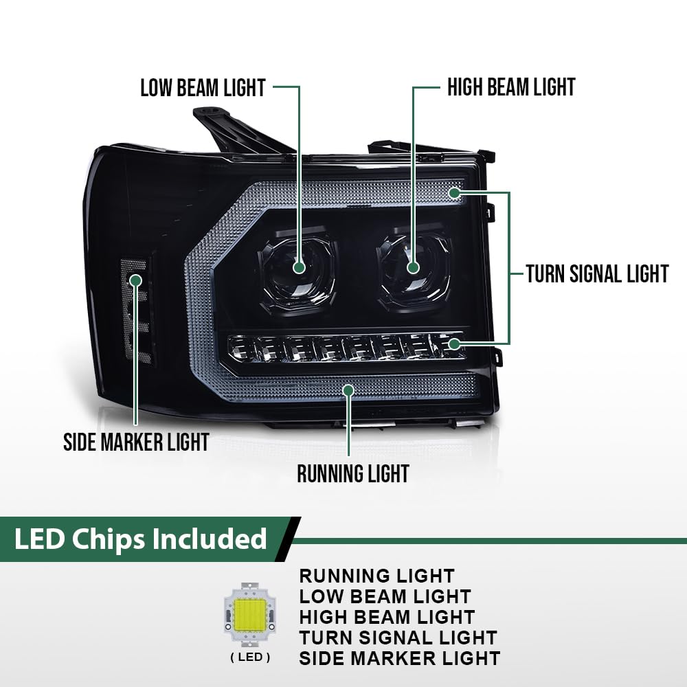 GRAND ORANGE LED DRL Headlights Assembly Compatible with GMC Sierra 1500 2007-2013 /Fit GMC Sierra 2500HD 3500HD 07-14 LH & RH Headlights Assembly Smoke Lens Black Housing White reflector 20980241 - Image 7