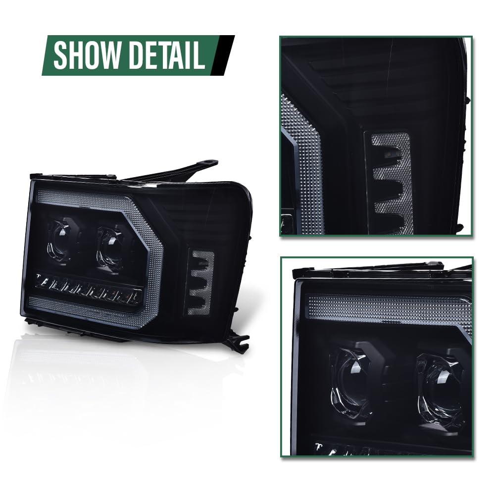 GRAND ORANGE LED DRL Headlights Assembly Compatible with GMC Sierra 1500 2007-2013 /Fit GMC Sierra 2500HD 3500HD 07-14 LH & RH Headlights Assembly Smoke Lens Black Housing White reflector 20980241 - Image 8